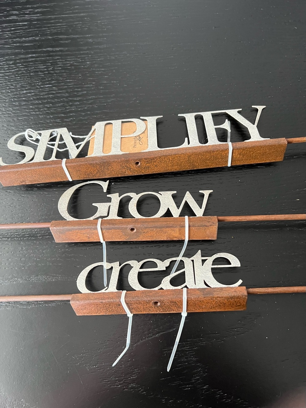 Annie Schickel garden stakes set of 3, simplify create grow, metal word markers